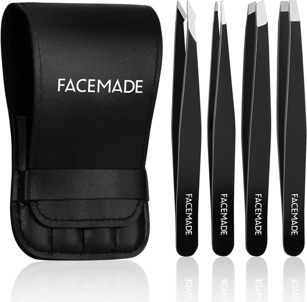 FACEMADE 4 Pcs Tweezers Set,Stainless Steel Hair Removal Makeup Tool,Gift,Black